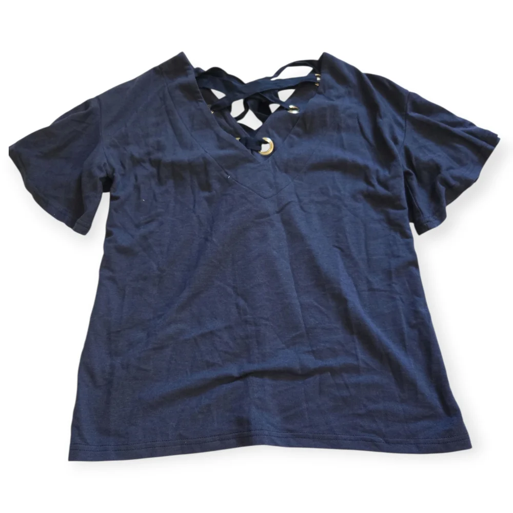 She and Sky Navy Short Sleeve Top with Crisscross Back - Picture 1 of 6
